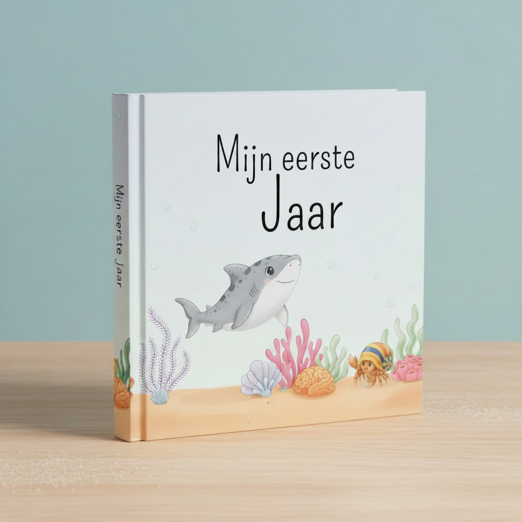 Vierkant baby opgroeiboek met een haai, een krab en zeeplanten, liggend op een lichte tafel.