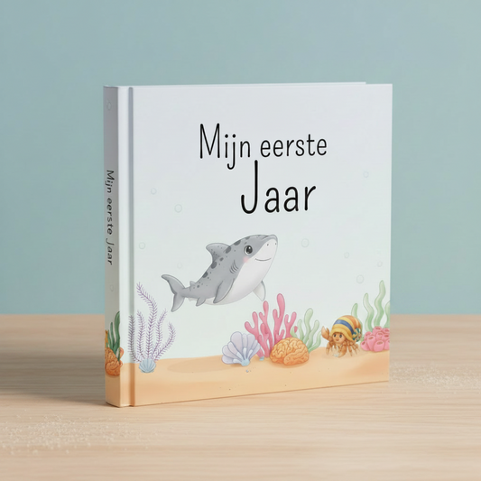 Vierkant baby opgroeiboek met een haai, een krab en zeeplanten, liggend op een lichte tafel.